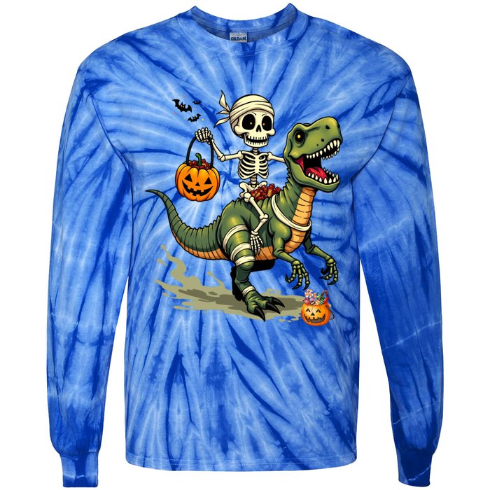 Skeleton Riding Mummy Dinosaur T Rex Halloween Funny Cute Gift Tie-Dye Long Sleeve Shirt