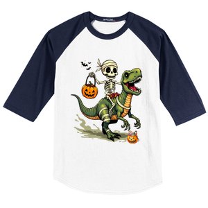 Skeleton Riding Mummy Dinosaur T Rex Halloween Funny Cute Gift Baseball Sleeve Shirt