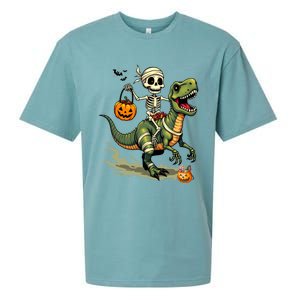 Skeleton Riding Mummy Dinosaur T Rex Halloween Funny Cute Gift Sueded Cloud Jersey T-Shirt