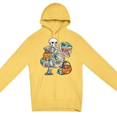 Skeleton Riding Mummy Dinosaur T Rex Halloween Funny Pumpkin Premium Pullover Hoodie