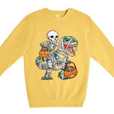 Skeleton Riding Mummy Dinosaur T Rex Halloween Funny Pumpkin Premium Crewneck Sweatshirt