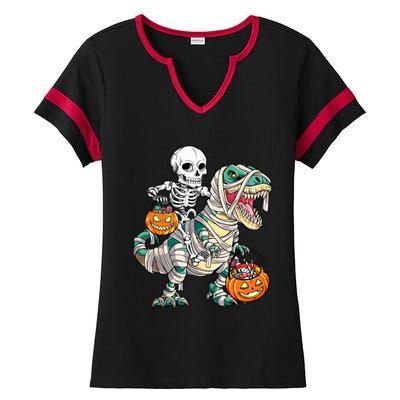 Skeleton Riding Mummy Dinosaur T Rex Halloween Funny Pumpkin Ladies Halftime Notch Neck Tee