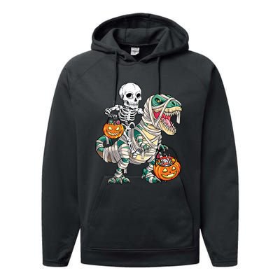 Skeleton Riding Mummy Dinosaur T Rex Halloween Funny Pumpkin Performance Fleece Hoodie