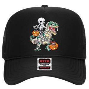 Skeleton Riding Mummy Dinosaur T Rex Halloween Funny Pumpkin High Crown Mesh Back Trucker Hat