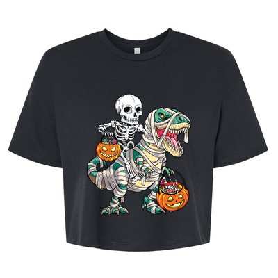 Skeleton Riding Mummy Dinosaur T Rex Halloween Funny Pumpkin Bella+Canvas Jersey Crop Tee