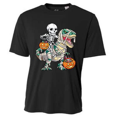 Skeleton Riding Mummy Dinosaur T Rex Halloween Funny Pumpkin Cooling Performance Crew T-Shirt