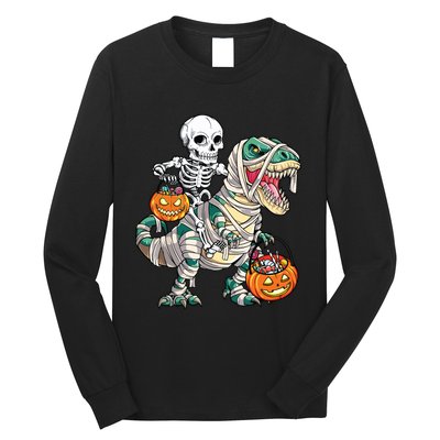 Skeleton Riding Mummy Dinosaur T Rex Halloween Funny Pumpkin Long Sleeve Shirt