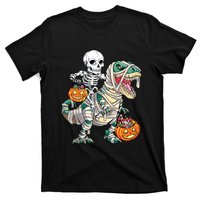 Skeleton Riding Mummy Dinosaur T Rex Halloween Funny Pumpkin T-Shirt