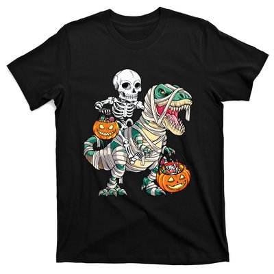 Skeleton Riding Mummy Dinosaur T Rex Halloween Funny Pumpkin T-Shirt