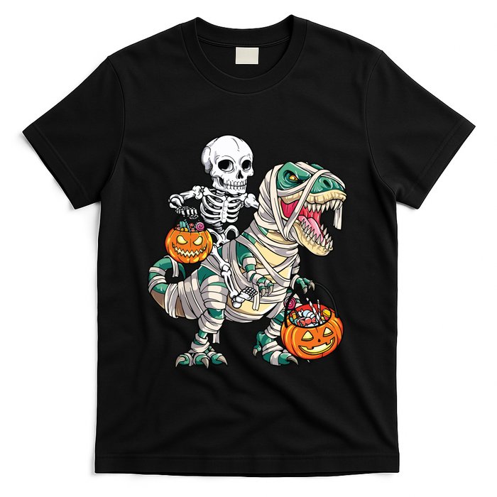 Skeleton Riding Mummy Dinosaur T Rex Halloween Funny Pumpkin T-Shirt