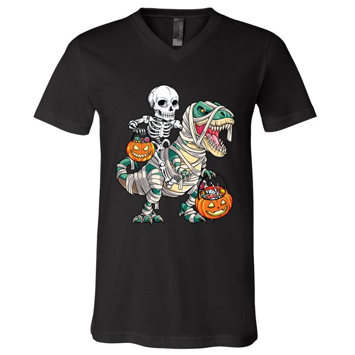 Skeleton Riding Mummy Dinosaur T Rex Halloween Funny Pumpkin V-Neck T-Shirt