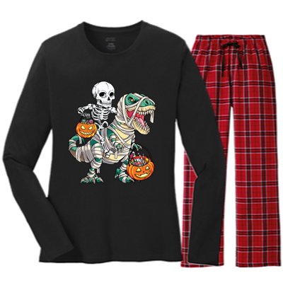 Skeleton Riding Mummy Dinosaur T Rex Halloween Funny Pumpkin Women's Long Sleeve Flannel Pajama Set 