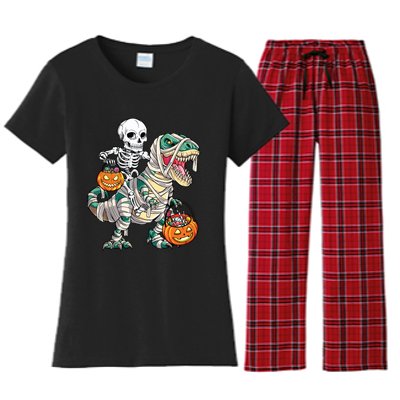 Skeleton Riding Mummy Dinosaur T Rex Halloween Funny Pumpkin Women's Flannel Pajama Set