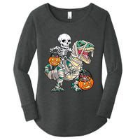 Skeleton Riding Mummy Dinosaur T Rex Halloween Funny Pumpkin Women's Perfect Tri Tunic Long Sleeve Shirt