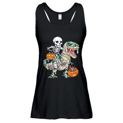 Skeleton Riding Mummy Dinosaur T Rex Halloween Funny Pumpkin Ladies Essential Flowy Tank