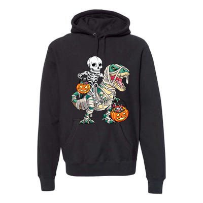 Skeleton Riding Mummy Dinosaur T Rex Halloween Funny Pumpkin Premium Hoodie