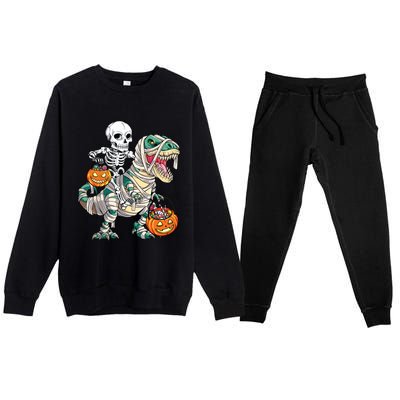 Skeleton Riding Mummy Dinosaur T Rex Halloween Funny Pumpkin Premium Crewneck Sweatsuit Set