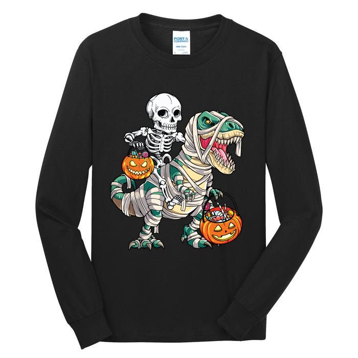 Skeleton Riding Mummy Dinosaur T Rex Halloween Funny Pumpkin Tall Long Sleeve T-Shirt