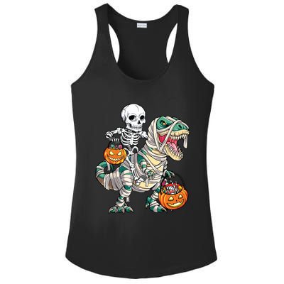 Skeleton Riding Mummy Dinosaur T Rex Halloween Funny Pumpkin Ladies PosiCharge Competitor Racerback Tank