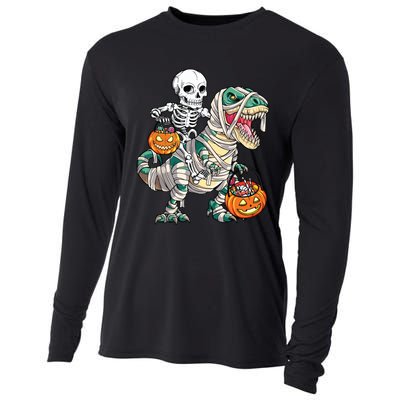 Skeleton Riding Mummy Dinosaur T Rex Halloween Funny Pumpkin Cooling Performance Long Sleeve Crew