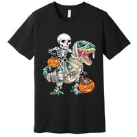 Skeleton Riding Mummy Dinosaur T Rex Halloween Funny Pumpkin Premium T-Shirt