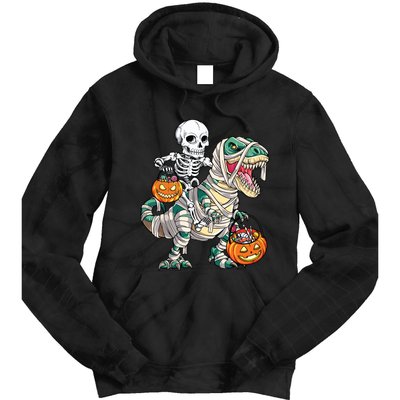 Skeleton Riding Mummy Dinosaur T Rex Halloween Funny Pumpkin Tie Dye Hoodie