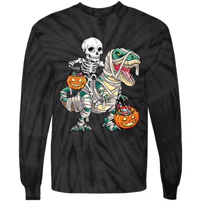 Skeleton Riding Mummy Dinosaur T Rex Halloween Funny Pumpkin Tie-Dye Long Sleeve Shirt