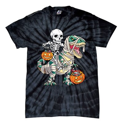 Skeleton Riding Mummy Dinosaur T Rex Halloween Funny Pumpkin Tie-Dye T-Shirt