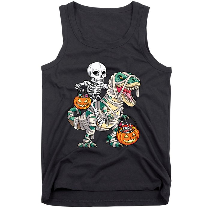 Skeleton Riding Mummy Dinosaur T Rex Halloween Funny Pumpkin Tank Top