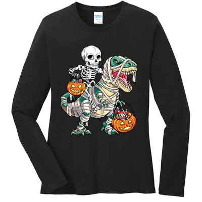 Skeleton Riding Mummy Dinosaur T Rex Halloween Funny Pumpkin Ladies Long Sleeve Shirt