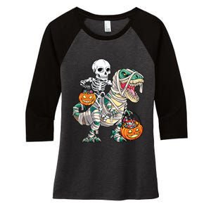 Skeleton Riding Mummy Dinosaur T Rex Halloween Funny Pumpkin Women's Tri-Blend 3/4-Sleeve Raglan Shirt