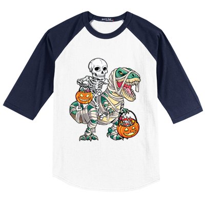 Skeleton Riding Mummy Dinosaur T Rex Halloween Funny Pumpkin Baseball Sleeve Shirt