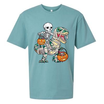 Skeleton Riding Mummy Dinosaur T Rex Halloween Funny Pumpkin Sueded Cloud Jersey T-Shirt