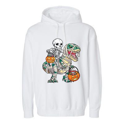 Skeleton Riding Mummy Dinosaur T Rex Halloween Funny Pumpkin Garment-Dyed Fleece Hoodie