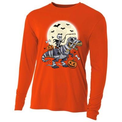 Skeleton Riding Mummy Dinosaur T Rex Halloween Funny Pumpkin Gift Cooling Performance Long Sleeve Crew