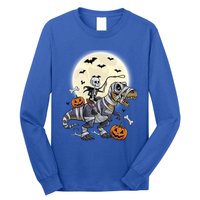 Skeleton Riding Mummy Dinosaur T Rex Halloween Funny Pumpkin Gift Long Sleeve Shirt