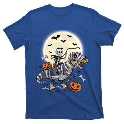 Skeleton Riding Mummy Dinosaur T Rex Halloween Funny Pumpkin Gift T-Shirt