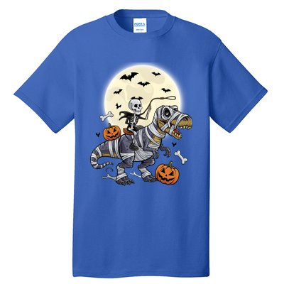 Skeleton Riding Mummy Dinosaur T Rex Halloween Funny Pumpkin Gift Tall T-Shirt