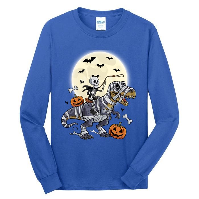 Skeleton Riding Mummy Dinosaur T Rex Halloween Funny Pumpkin Gift Tall Long Sleeve T-Shirt