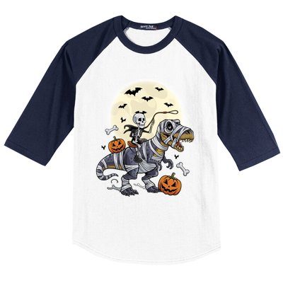 Skeleton Riding Mummy Dinosaur T Rex Halloween Funny Pumpkin Gift Baseball Sleeve Shirt