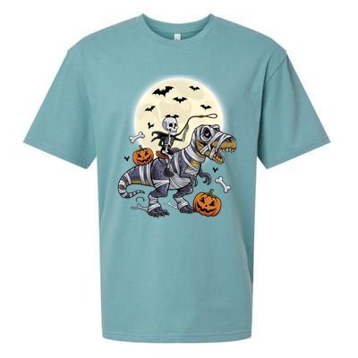 Skeleton Riding Mummy Dinosaur T Rex Halloween Funny Pumpkin Gift Sueded Cloud Jersey T-Shirt