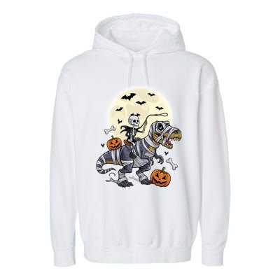 Skeleton Riding Mummy Dinosaur T Rex Halloween Funny Pumpkin Gift Garment-Dyed Fleece Hoodie