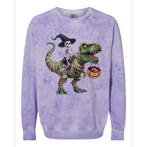 Skeleton Riding Mummy Dinosaur T Rex Halloween Funny Pumpkin Gift Colorblast Crewneck Sweatshirt