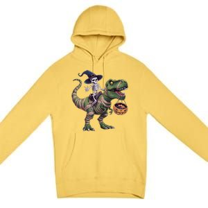 Skeleton Riding Mummy Dinosaur T Rex Halloween Funny Pumpkin Gift Premium Pullover Hoodie