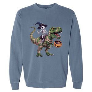 Skeleton Riding Mummy Dinosaur T Rex Halloween Funny Pumpkin Gift Garment-Dyed Sweatshirt