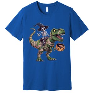 Skeleton Riding Mummy Dinosaur T Rex Halloween Funny Pumpkin Gift Premium T-Shirt