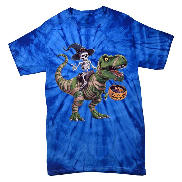 Skeleton Riding Mummy Dinosaur T Rex Halloween Funny Pumpkin Gift Tie-Dye T-Shirt