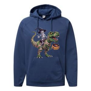 Skeleton Riding Mummy Dinosaur T Rex Halloween Funny Pumpkin Gift Performance Fleece Hoodie