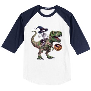 Skeleton Riding Mummy Dinosaur T Rex Halloween Funny Pumpkin Gift Baseball Sleeve Shirt