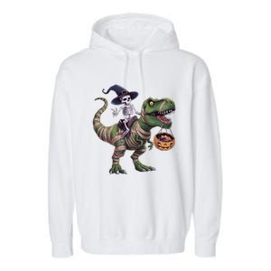 Skeleton Riding Mummy Dinosaur T Rex Halloween Funny Pumpkin Gift Garment-Dyed Fleece Hoodie